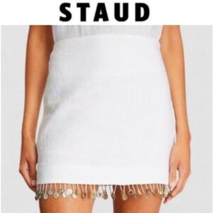 Staud White Shell Trim Linen Mini Skirt with Pearl Fringe Sz 10 NWT